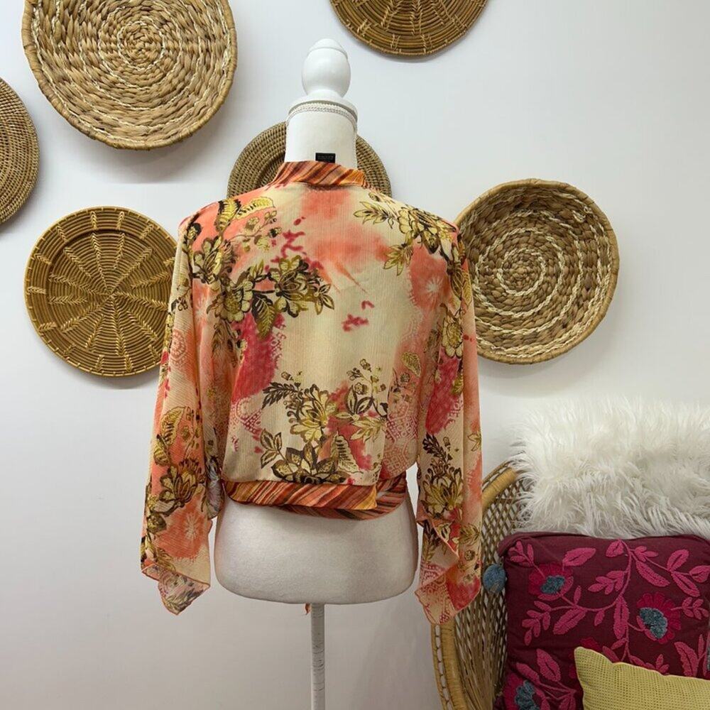 Vintage Y2K 2000s Mix It Floral Wrap Tie Flowy Cropped Blouse Crop Top Large - Picture 4 of 8